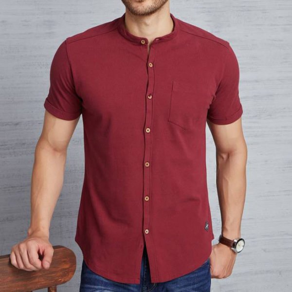 Metronaut Solid Men's Mandarin Collar Maroon T-Shirt