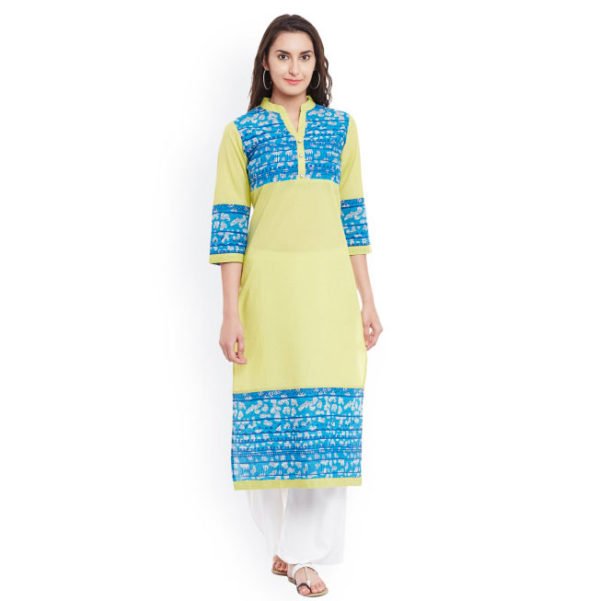 Lime Green & Blue Straight Kurta with Printed Detail