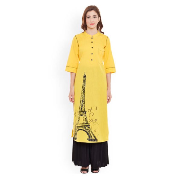Yellow Printed Straight Kurta